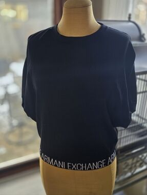 Armani Exchange A|X Black Crop Top Logo Hem Short Sleeve Size XS